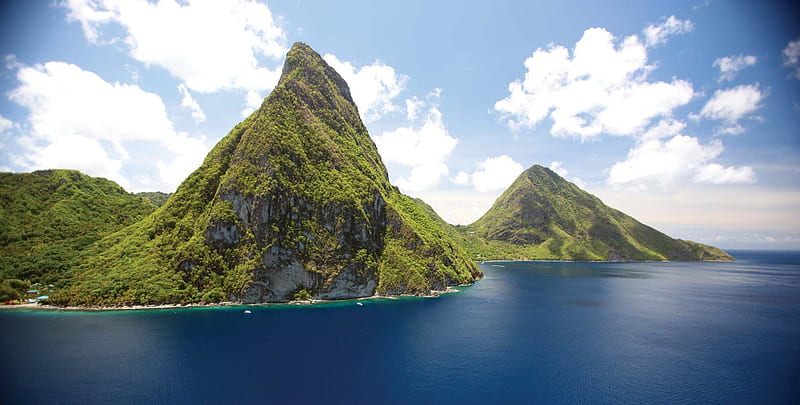 The New Pitons, new pitons, st lucia, mountains, ocean, HD wallpaper