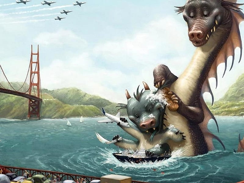 Dragons In The Bay, Dragons, Art, Golden Gate Bridge, San Francisco, Artwork, HD wallpaper