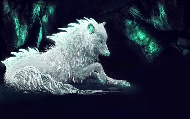 white wolf, predators, cave, art, wolf, HD wallpaper