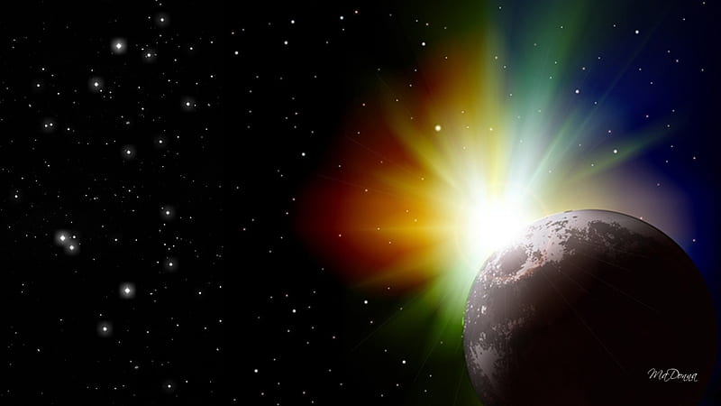 Color Burst in Space, colorful, sun, planet, space, collision, lights, HD wallpaper
