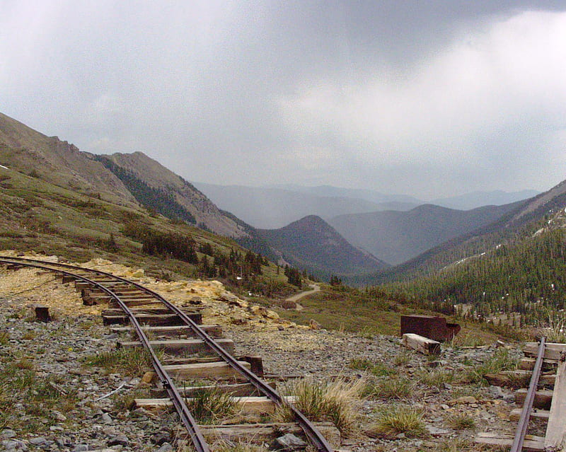 Looking out a Mine in Colorado Mountains, timberline, mine shaft, storm, mountain, colorado, rail, rain, webster pass, tracks, HD wallpaper