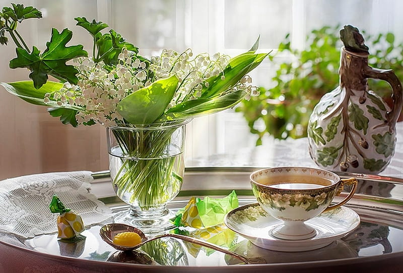 Time for tea, candy, lilies of the valley, time, vase, abstract, tea, freshness, still life, green, tray, cup, flowers, drink, white, other, HD wallpaper