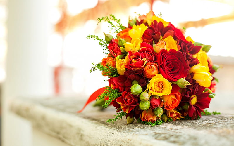 Wedding bouquet, red roses, yellow roses, beautiful flowers, HD wallpaper