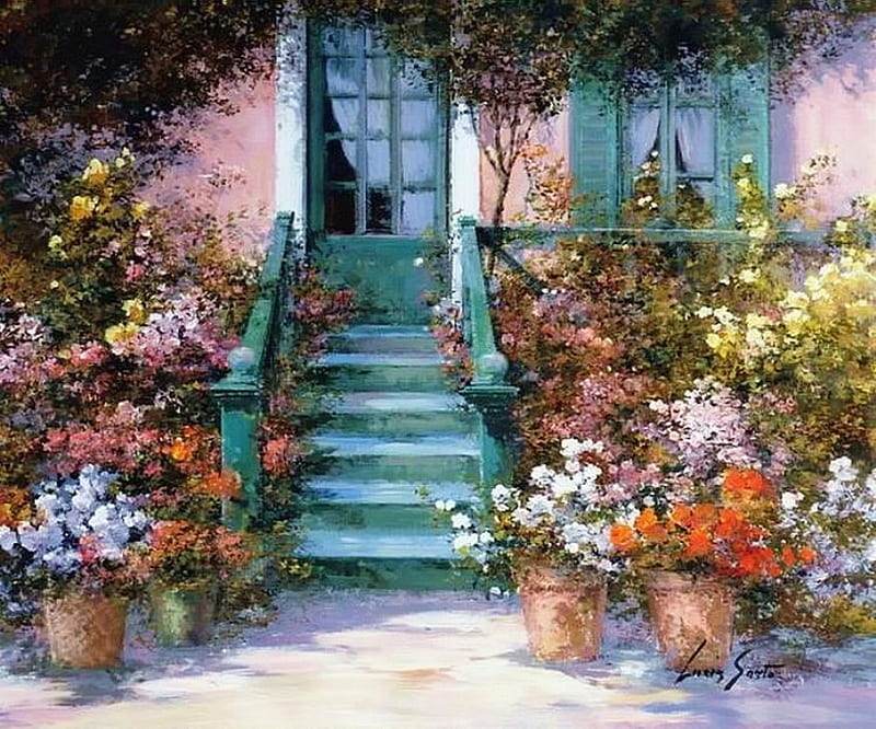 Italy romantic Impressionism 5, architecture, colorful, inviting, home, stairs, bonito, door, paintings, color, flowers, window, romantic, place, in front, pots, italian, summer, nature, relaxing, impressionism, natural, HD wallpaper