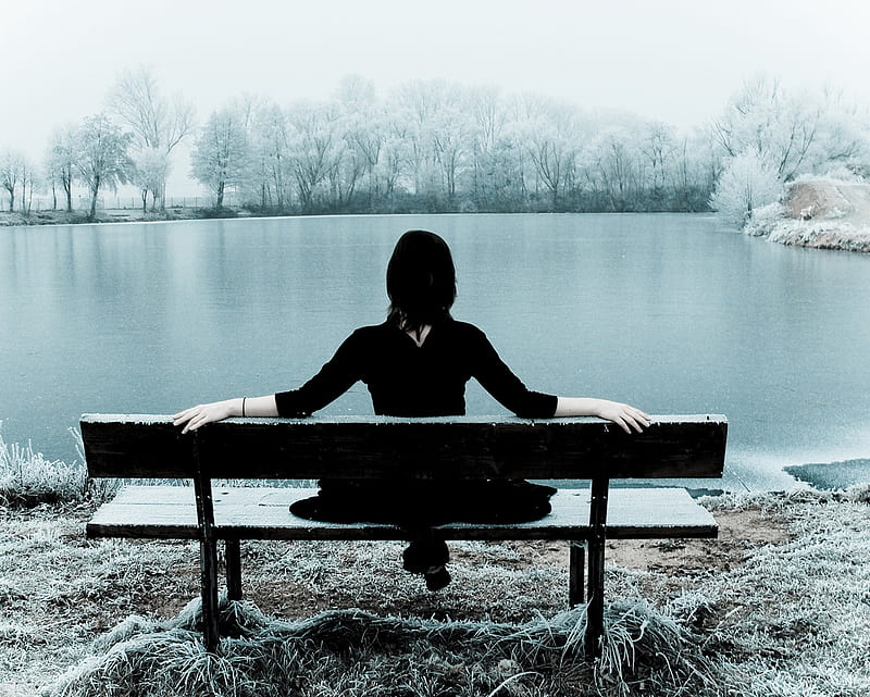 Lonely Sit, alone, frozen, frozen lake, sad, snow, winter, HD wallpaper