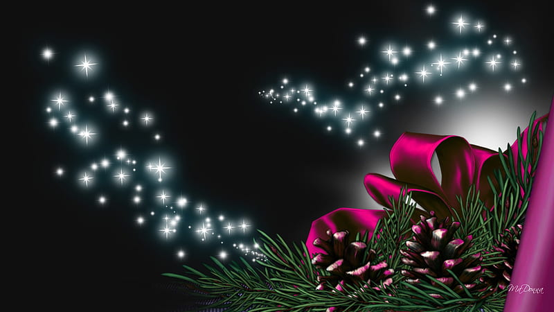 Glowing Winter Design, stars, christmas, new years, ribbon, shine, firefox persona, pine cone, bow, sparkles, pine needles, bright, HD wallpaper