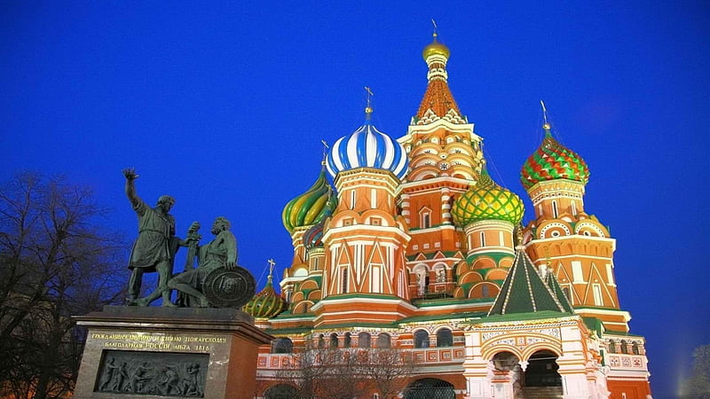 wonderful church in moscow, church, statue, domes, lights, HD wallpaper