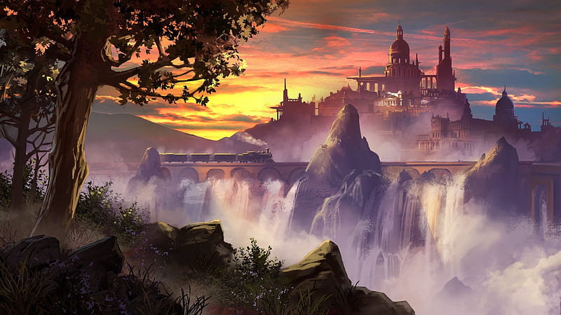 fantasy castle, waterfall, sunset, tree, scenic, Fantasy, HD wallpaper