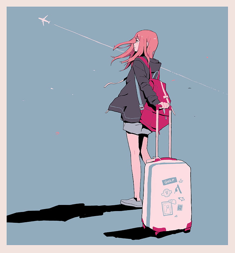 anime girls, traveller, suitcase, pink hair, anime, aircraft, standing, HD phone wallpaper