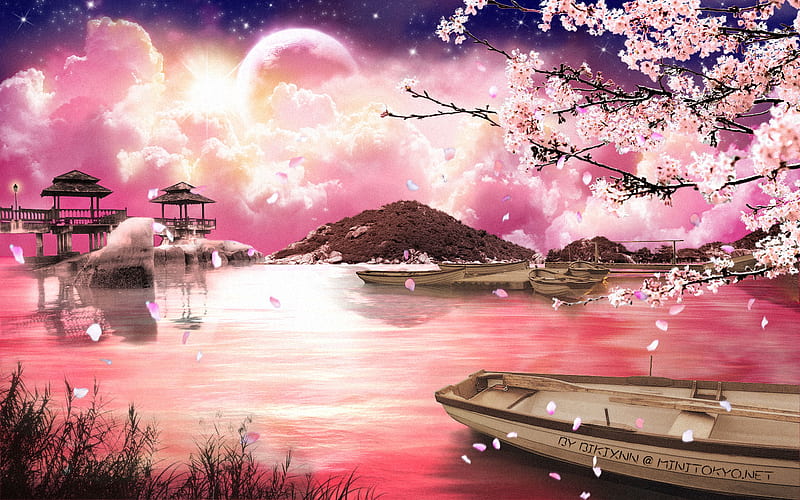 Beautiful this Morning, laker, moon, boat, cloud, town japan, bonito, sunshine, cherry blossom, HD wallpaper