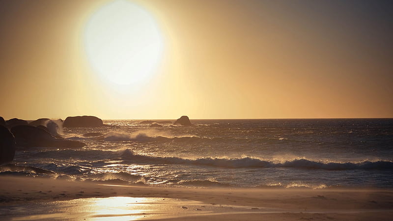 giant sunset on the beach, beach, rocks, sun, sunset, waves, sea, HD wallpaper