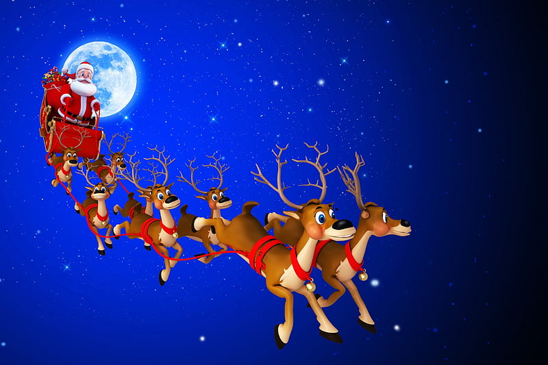 Santa On His Way, sleigh, moon, christmas, funny, reindeers, HD wallpaper
