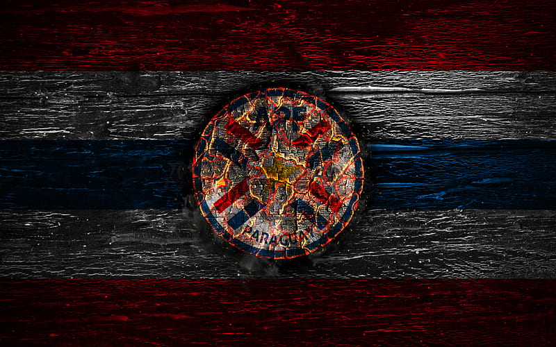 Paraguay national football team, fire logo, flag colors, South America, wooden texture, soccer, Paraguay, logo, South American national teams, Paraguayan football team, HD wallpaper