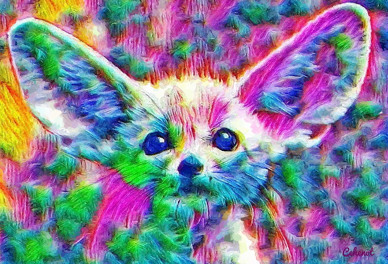 Fennec, art, ears, yellow, by cehenot, cehenot, abstract, cute, vulpe, big, green, fox, painting, pictura, pink, blue, HD wallpaper