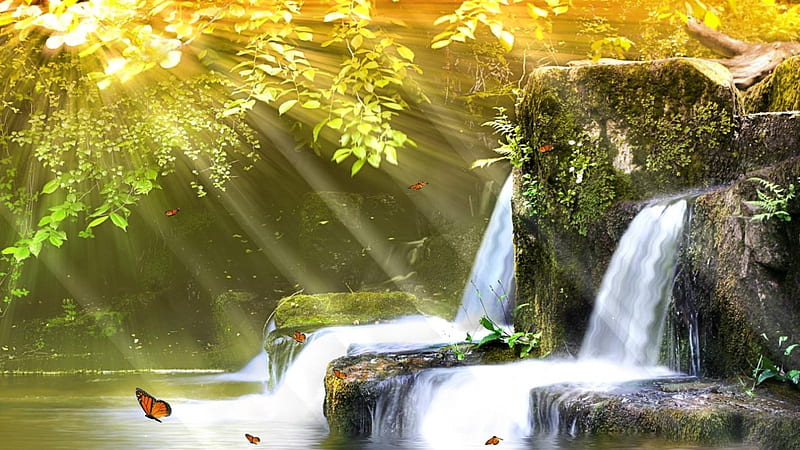 two falls, river, sun, light, waterfalls, HD wallpaper