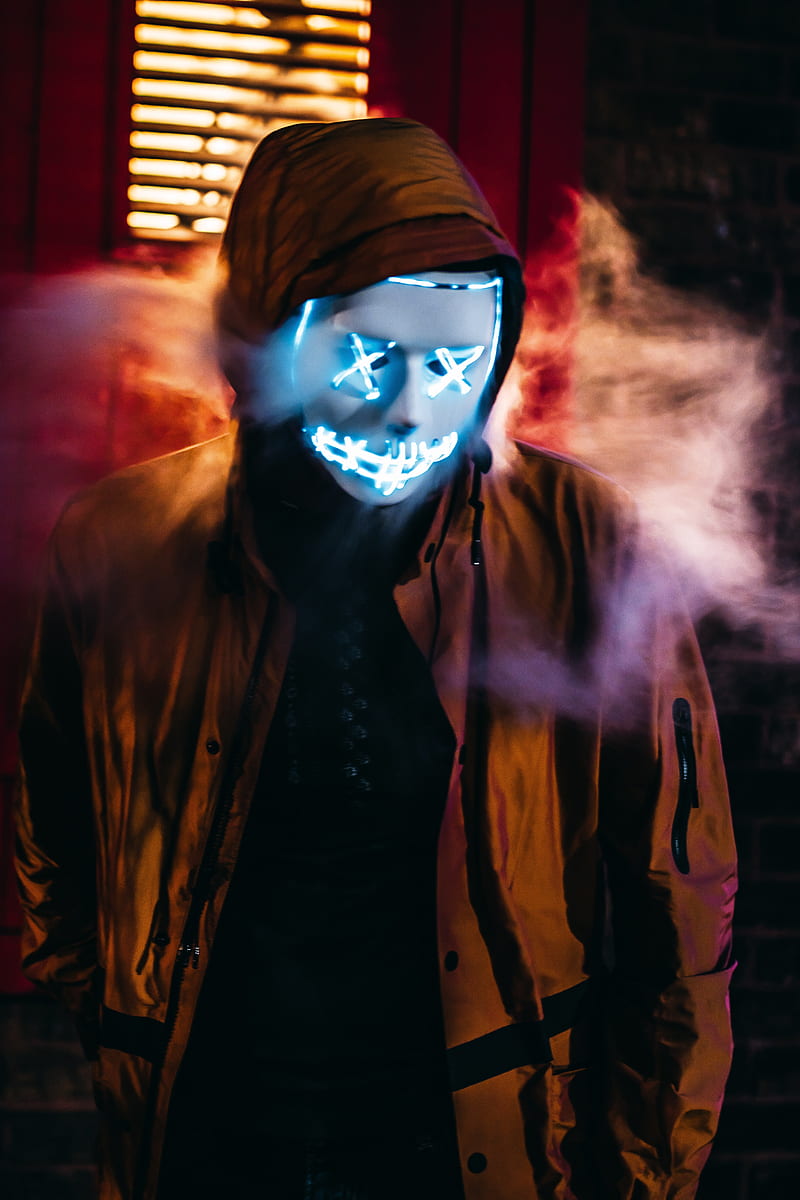 mask, anonymous, neon, hood, smoke, HD phone wallpaper