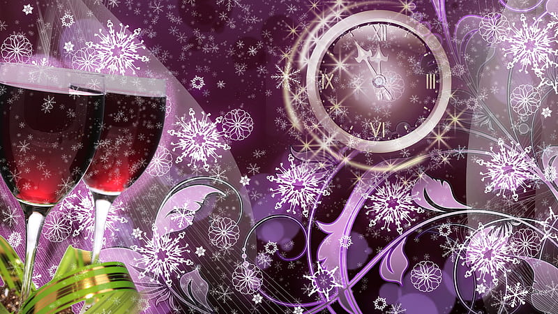 New Years Celebration, time, happy new years, wine, ribbon, clock, firefox persona, purple, snow, snowflakes, HD wallpaper