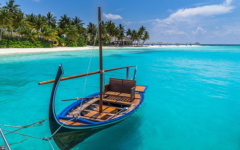 Tropical island, boat, Maldives, beach, summer, vacation, HD wallpaper