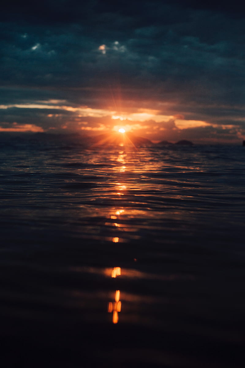 sunset, sun, sea, water, horizon, dark, HD phone wallpaper