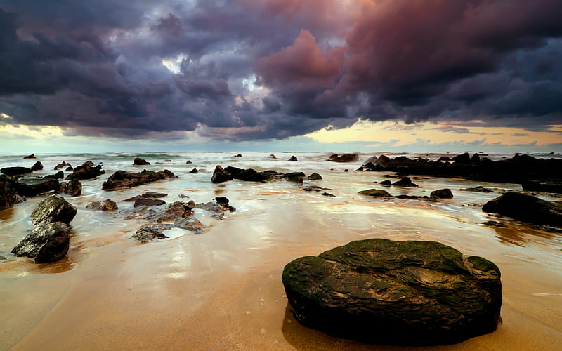 Beautiful Sky, colorful, bonito, sunset, clouds, stormy, sea, beach, sand, splendor, beauty, sunrise, amazing, lovely, view, ocean, colors, waves, ocean waves, sky, storm, peaceful, nature, HD wallpaper