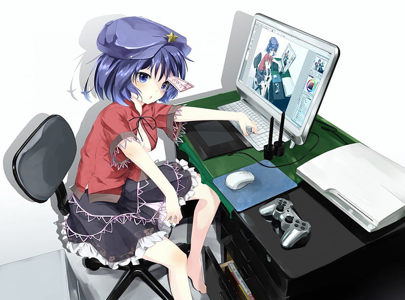 Miyako Yoshika, table, female, technology, sexy, cute, girl, anime, computer, touhou, digital, hot, chair, anime girl, desk, HD wallpaper