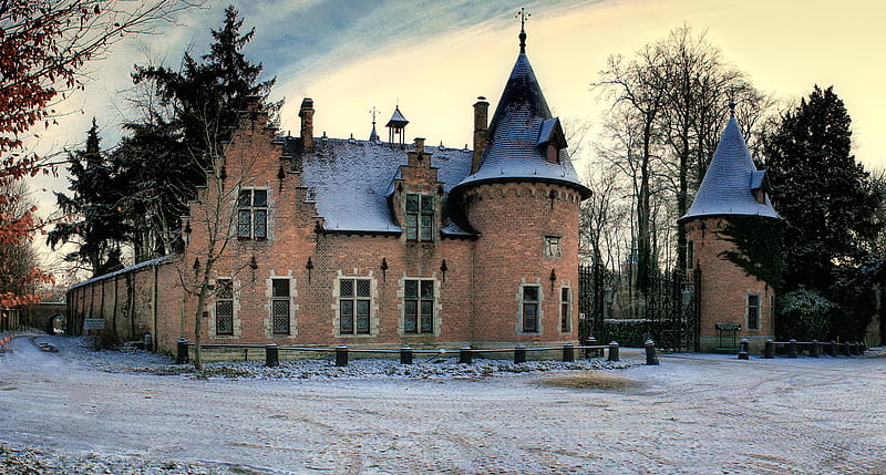 Winter Castle, architecture, house, home, ooidonk, deinze, trees, east, winter, belgium, snow, fortress, flanders, castle, HD wallpaper