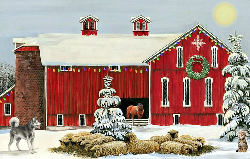 Christmas Decor Barn, red, wreath, christmas, barn, winter, sheep, snow, painting, red barn, animals, dog, HD wallpaper