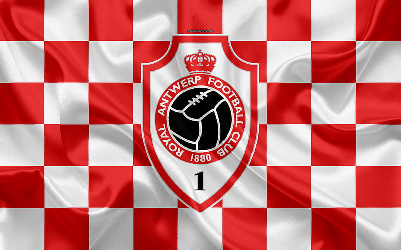 Royal Antwerp FC logo, creative art, white, red checkered flag, Belgian football club, Jupiler Pro League, Belgian First Division A, emblem, silk texture, Antwerp, Belgium, football, HD wallpaper
