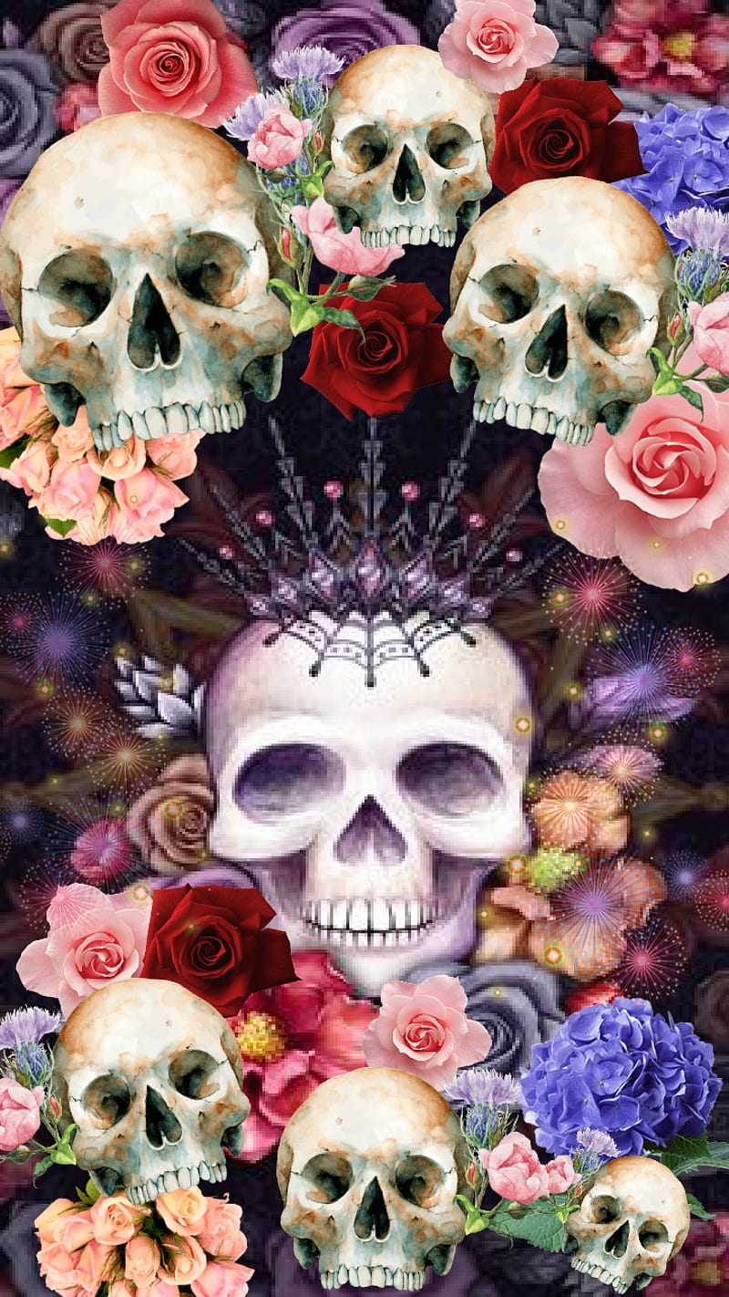 Queen B, crown, flowers, love, pastel, pink, red, roses, skull, sugar ...