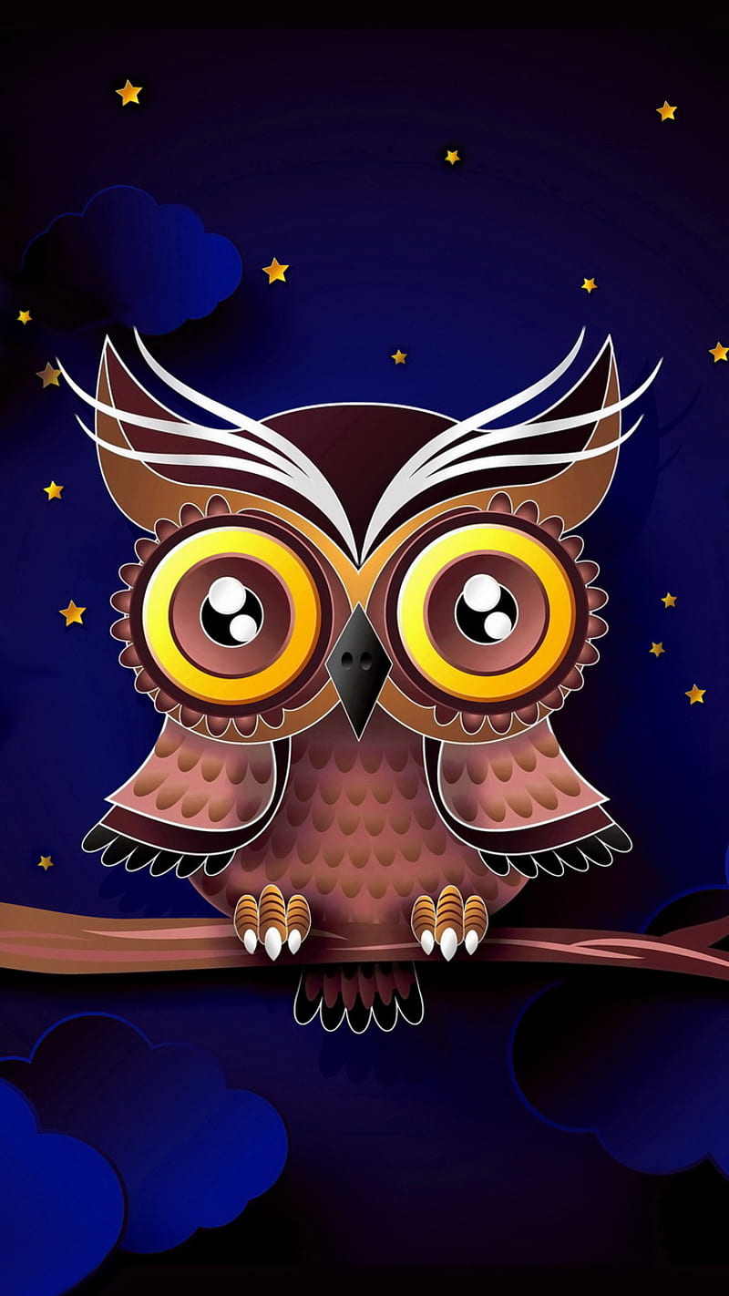 Cute Owl, branch, clouds, night, stars, HD phone wallpaper