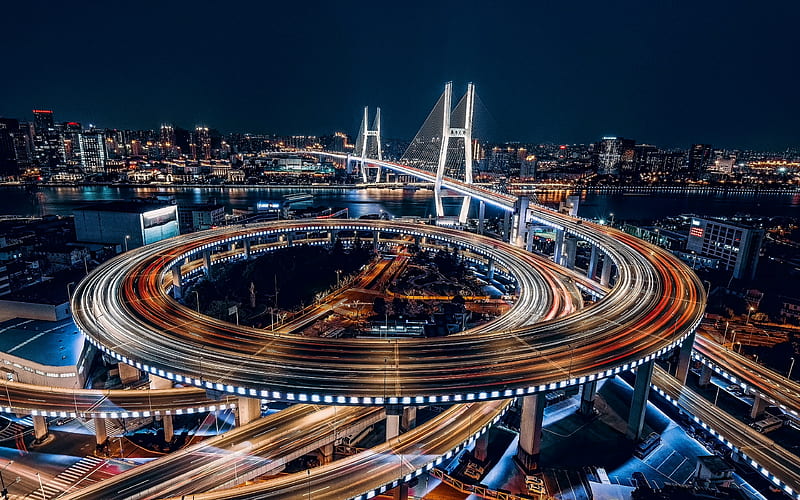Nanpu Bridge road interchange, nightscapes, Huangpu River, chinese cities, Shanghai, China, Shanghai at night, HD wallpaper