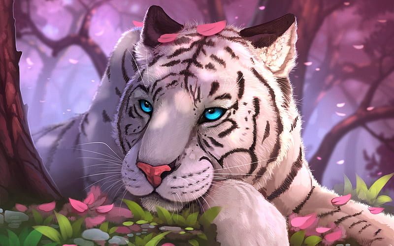 Bengal tiger, art, blue eyes, Panthera tigris tigris, white tiger, predators, HD wallpaper
