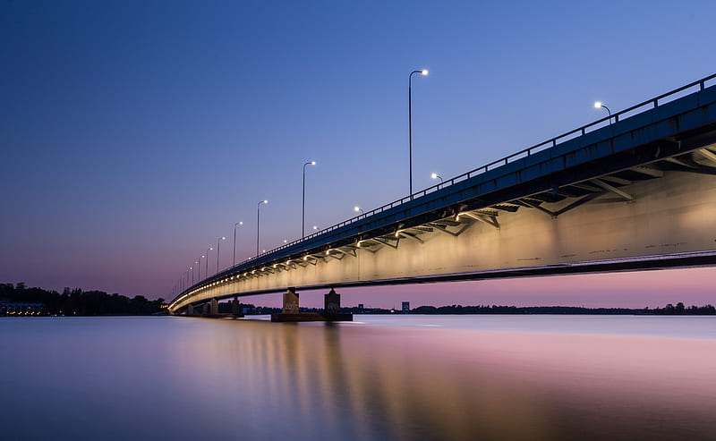 bridge, night, backlight, helsinki, finland, HD wallpaper