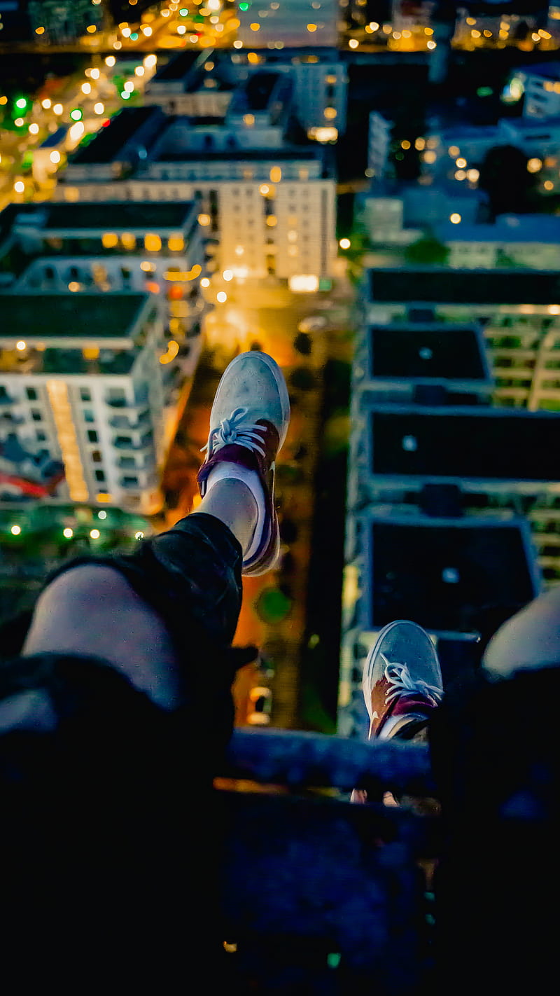 legs, sneakers, city, lights, aerial view, HD phone wallpaper