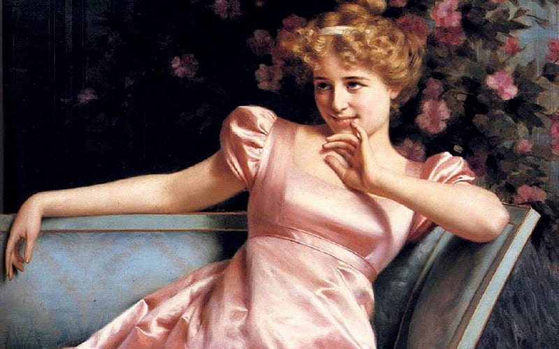 Girl in pink dress by Vittorio Reggianini, art, dress, vittorio reggianini, blonde, spring, woman, girl, painting, summer, flower, beauty, lady, sofa, pink, HD wallpaper
