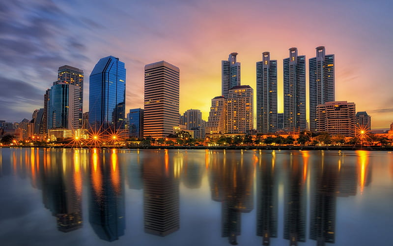 Bangkok, Thailand, cityscape, modern buildings, skyscrapers, sunset, evening, HD wallpaper