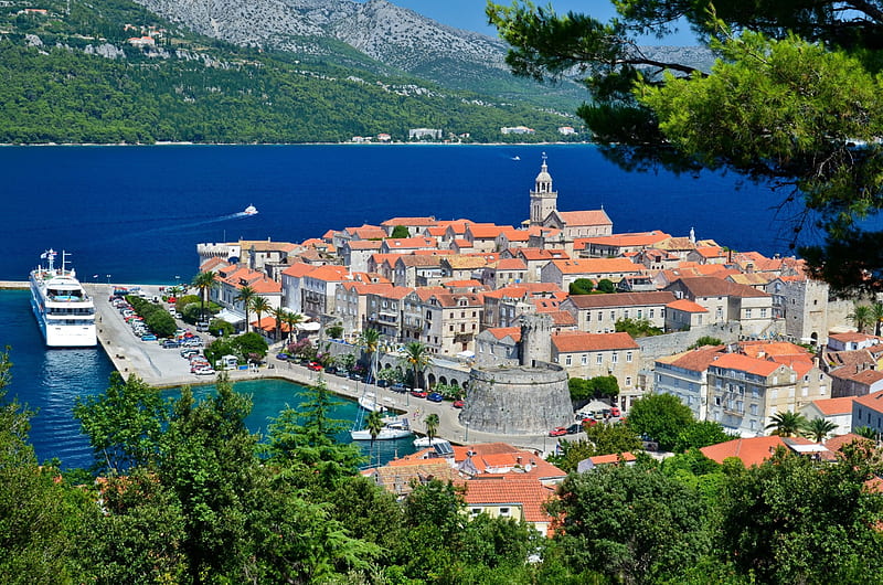 *** KORCULA - Croatia ***, miasto, drzewa, gory, architektura, morze, HD wallpaper