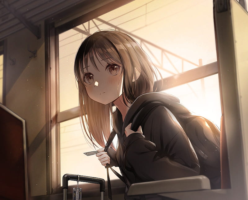 Cute anime girl, hoodie, short hair, train, brown hair, Anime, HD wallpaper  | Peakpx