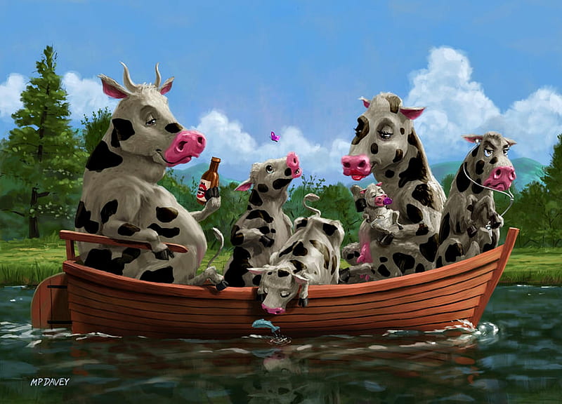 Sunday on the lake, family, fantasy, boat, vara, green, painting, pink, pictura, art, cow, luminos, black, creative, lake, situation, water, comic, summer, funny, humour, white, HD wallpaper