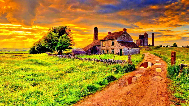 OLD FARM AFTER a STORM, sunset, sky, old, clouds, sunrays, splendor, farm house, mountains, nature, fields, evening, landscape, HD wallpaper