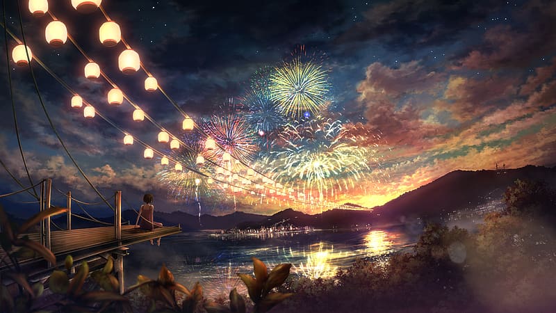 Anime, Sunset, Lake, Reflection, Lantern, Colorful, Fireworks, Festival, HD wallpaper