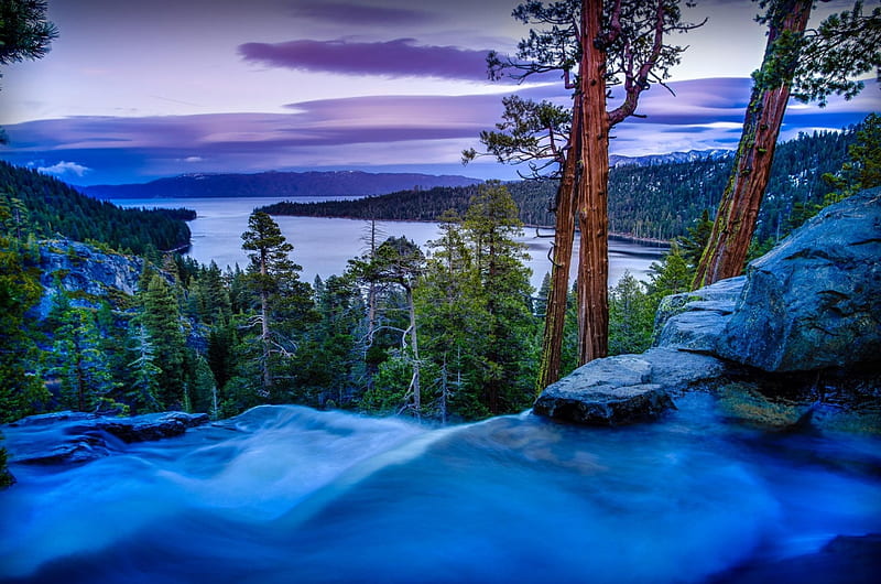 Eagle Falls Over Emerald Bay, Lake Tahoe, california, evening, trees, clouds, landscape, HD wallpaper