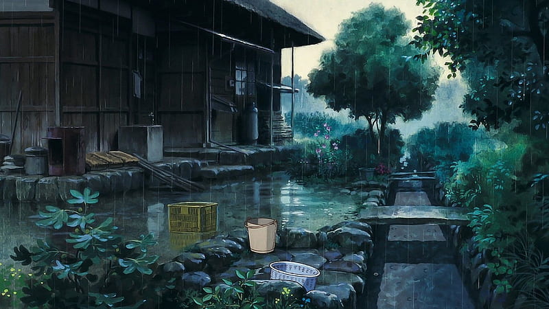 rain #trees #bucket #anime #house #outdoors P # # # . Anime scenery , Anime scenery, Scenery, HD wallpaper
