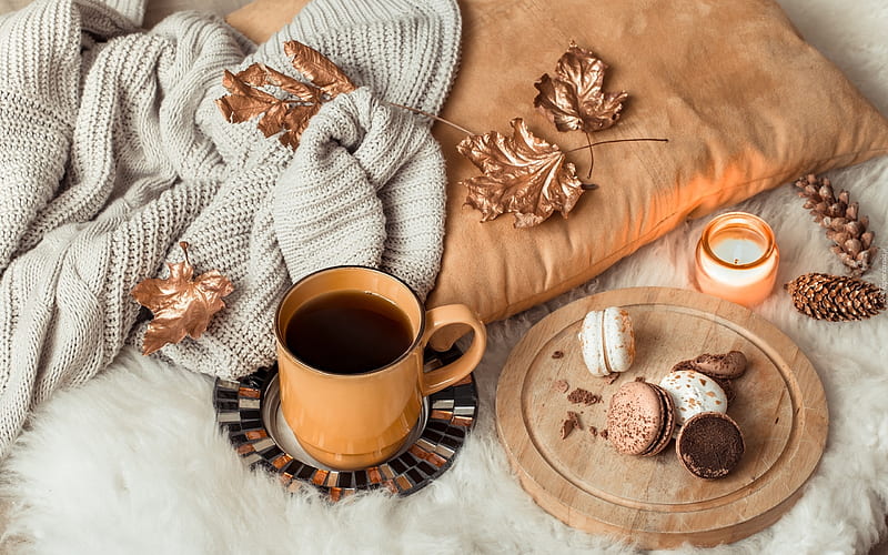 Coffee and Macaroons, coffee, knitting, candle, pine cones, leaves, macaroons, pillow, HD wallpaper