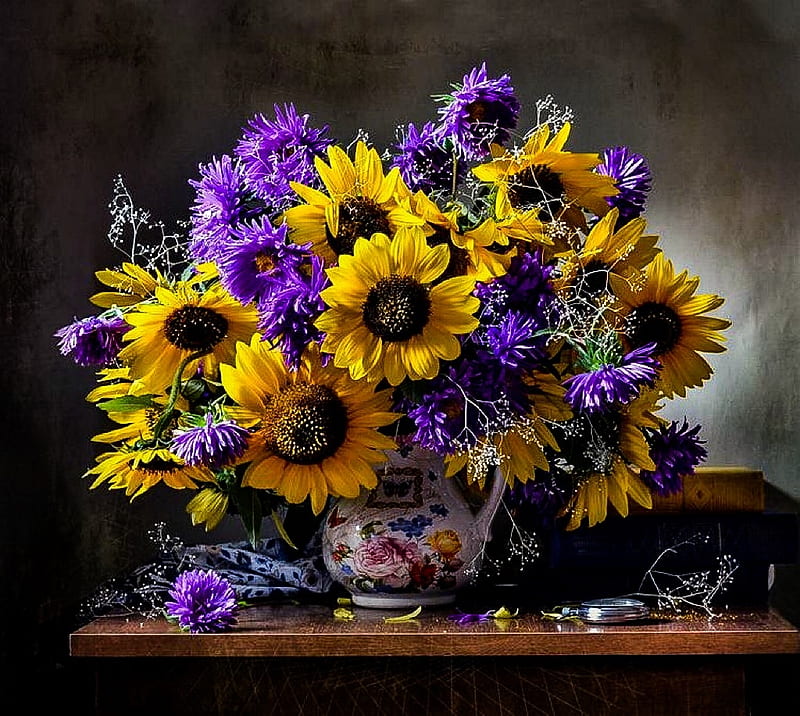 Still life, table, purple, flowers, Sunflowers, yellow, vase, clock, HD wallpaper