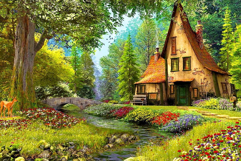Countryside cottage, pretty, house, grass, cottage, cabin, bonito, villa, countryside, nice, painting, path, village, river, art, rest, forest, quiet, calmness, lovely, place, creek, trees, serenity, peaceful, summer, HD wallpaper