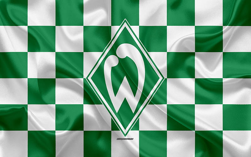 SV Werder Bremen logo, creative art, green white checkered flag, German football club, Bundesliga, emblem, silk texture, Bremen, Germany, football, Werder Bremen, HD wallpaper