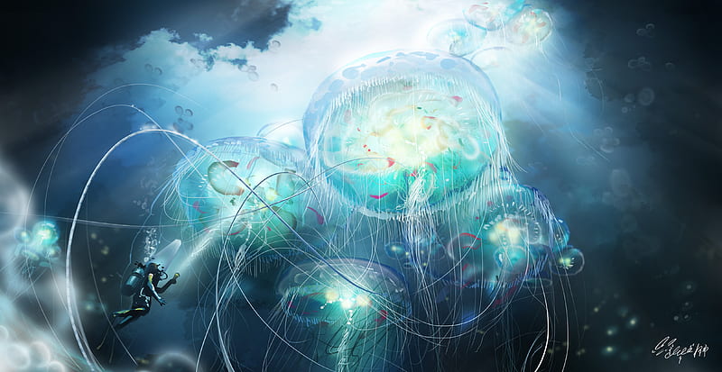Anime, Original, Jellyfish, Sea, HD wallpaper Anime, Original, Jellyfish, Sea, HD wallpaper