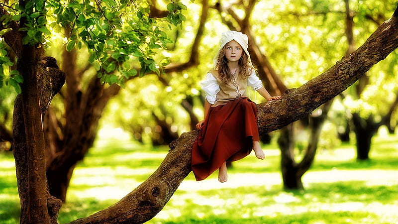 Cute Little Girl Is Sitting On Tree Branch Wearing Red White Dress In Blur Forest Background Cute, HD wallpaper
