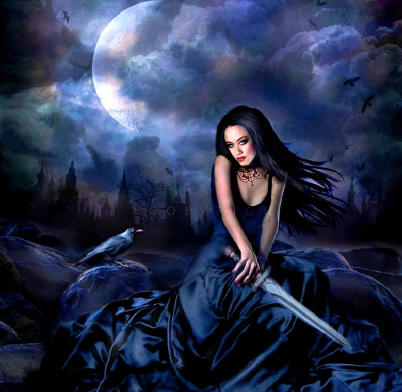 Black Raven, goth, fantasy, sword, women, HD wallpaper